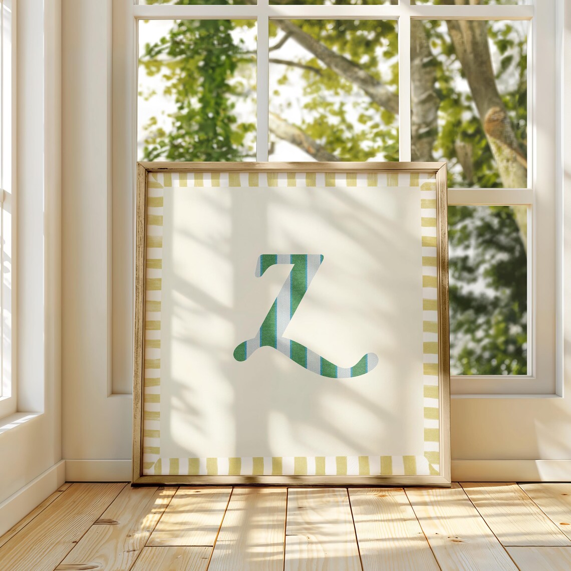 Swash Letter Z Green Blue Striped Monogram Cream Framed Art Print - Image 5