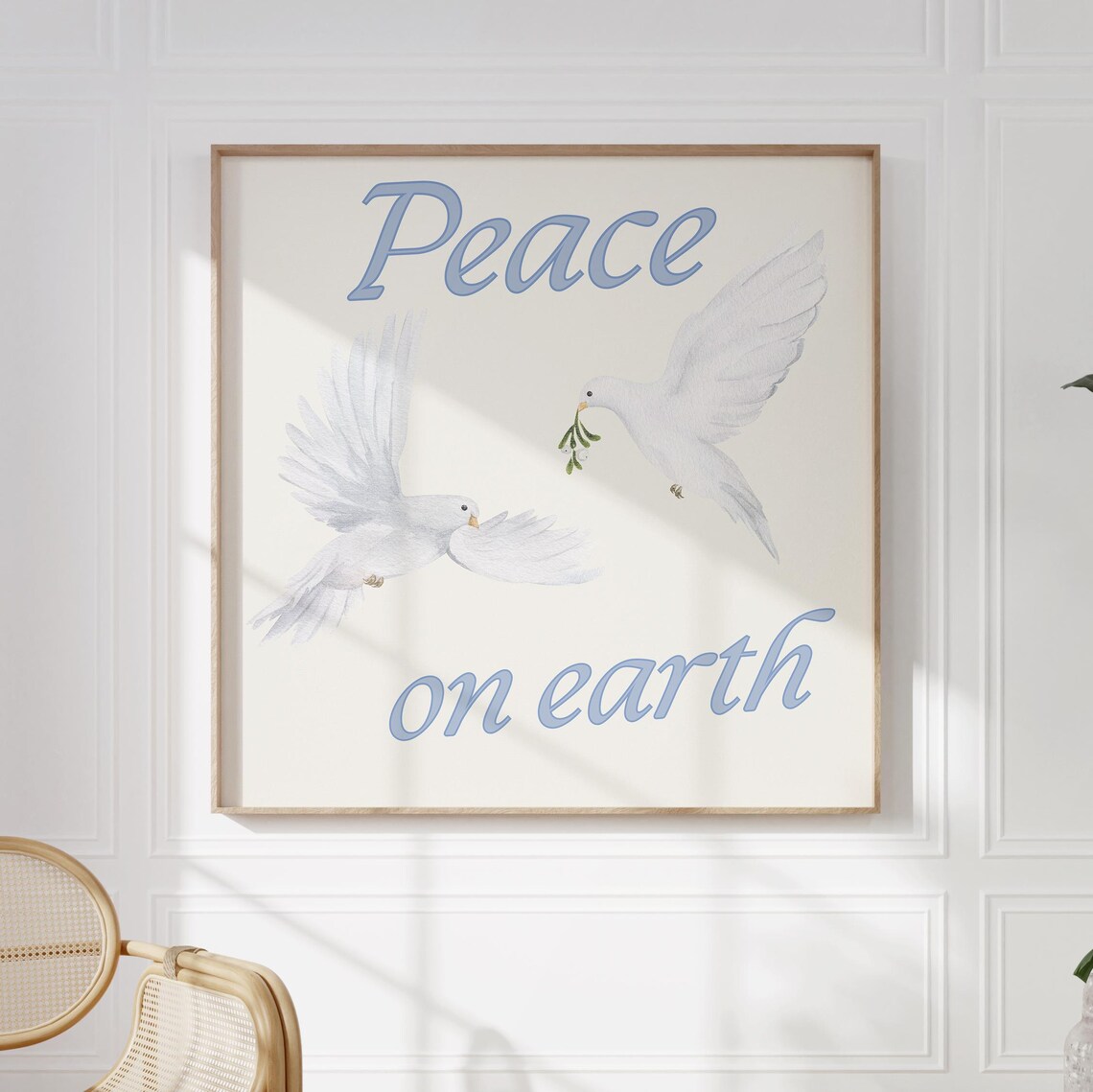 Peace on Earth Blue Script with White Doves Christmas Poster - Image 2