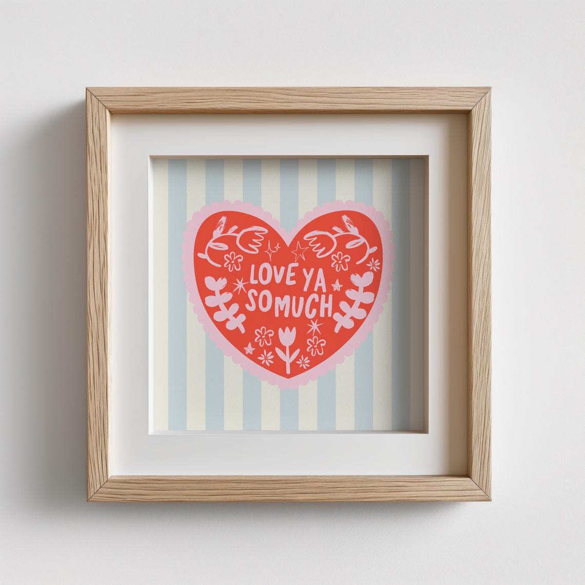 Coral Red Heart Love Ya So Much Blue Striped Valentine Wall Art Print - Image 4