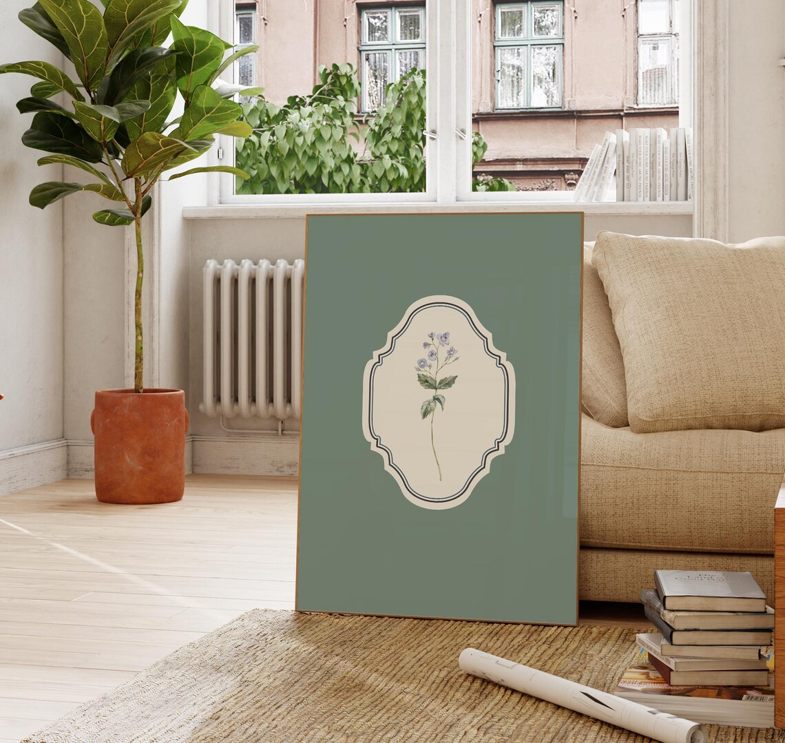Delicate Wildflower Watercolor Sage Green Ornate Square Nursery Poster - Image 5