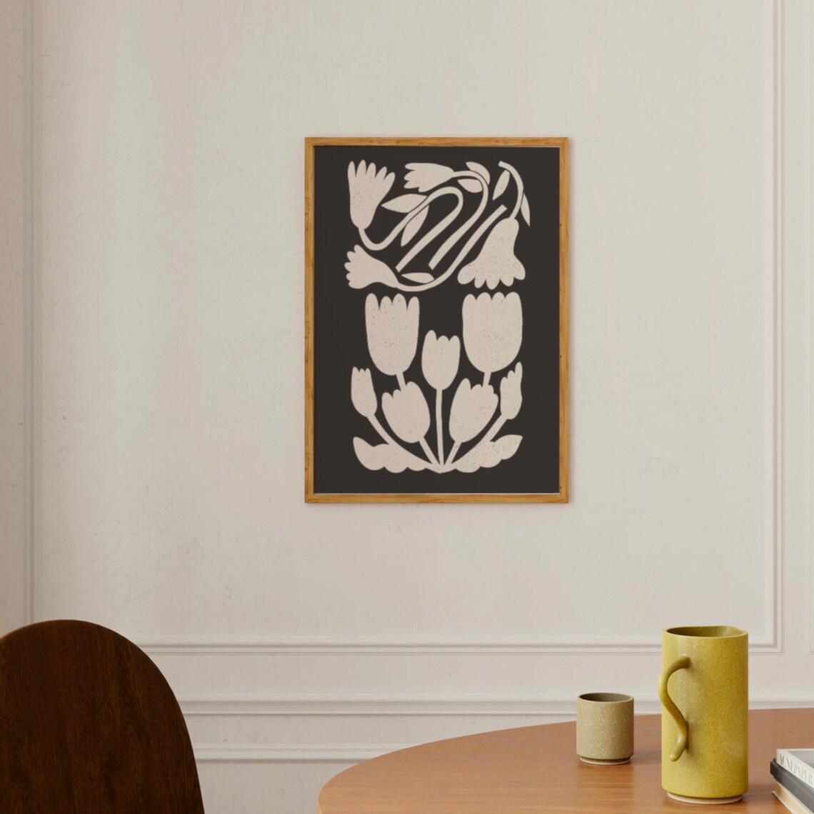 Black Floral Abstract Poster with Cream Tulip Botanical Silhouette - Image 2