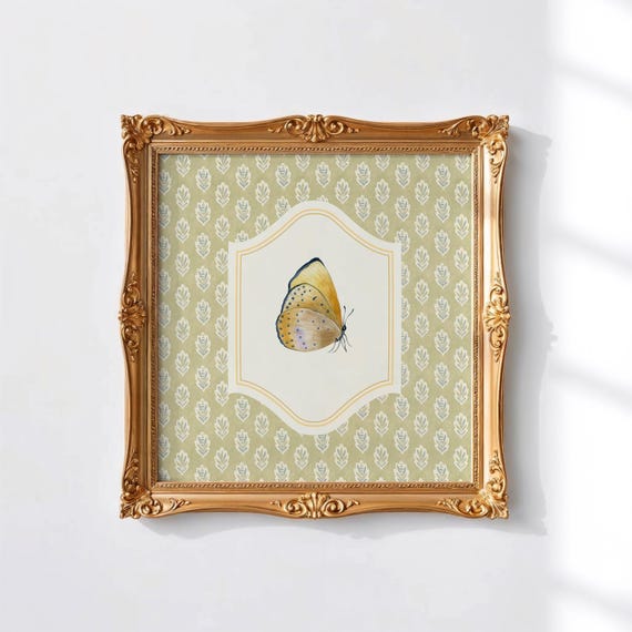Victorian Style Butterfly Square Print Wall Art Kitchen Living Room Art Blue Thin Line Print