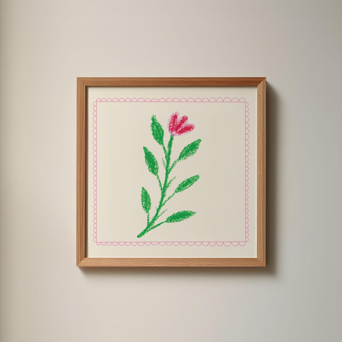 Pink Flower Doodle Green Stem Scalloped Border Playful Kids Wall Art