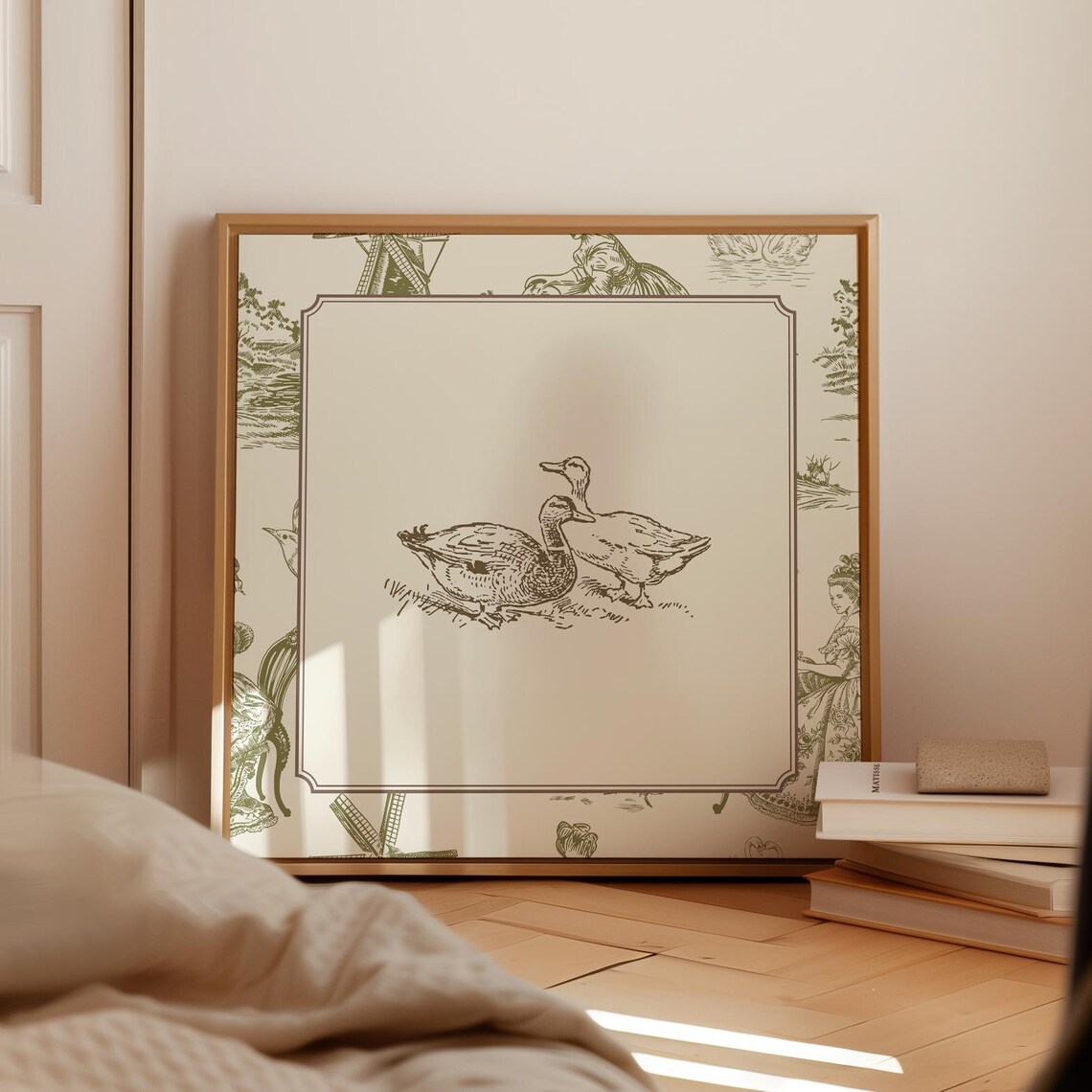 Cute Green Toile Border Two Ducks Engraving Vintage Bird Poster - Image 3