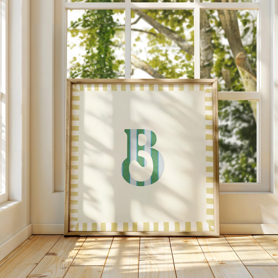 Swash Letter B Green Blue Striped Monogram Cream Framed Art Print - Image 3