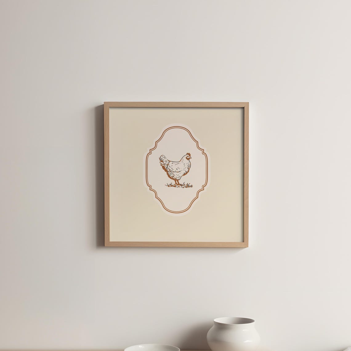 Vintage Hen Farm Chicken Line Art Cream Ornate Square Nursery Poster - Image 5