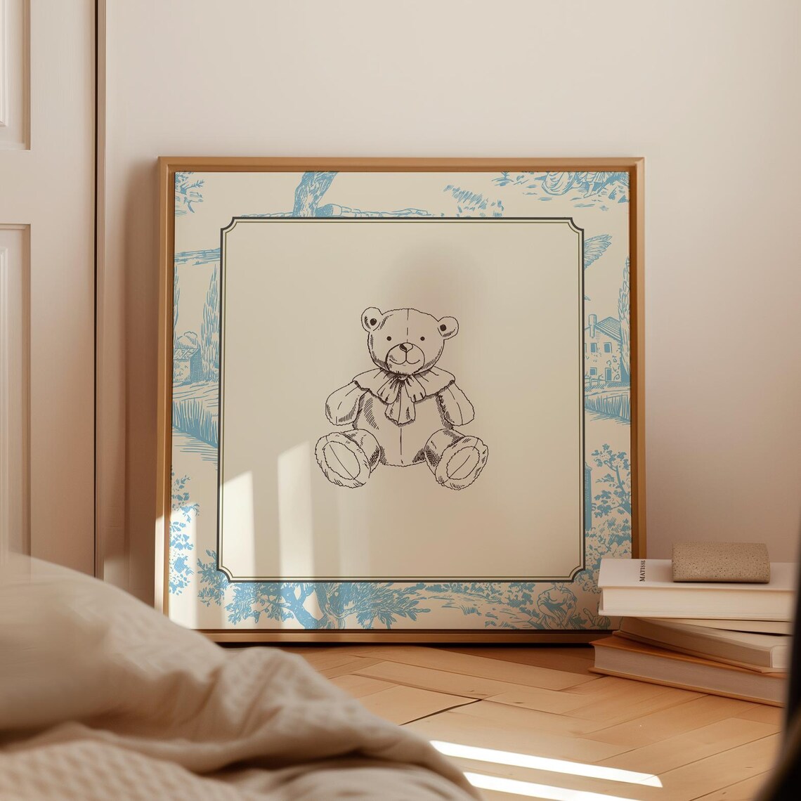 Vintage Blue Toile Teddy Bear Sketch Cute Cottage Nursery Wall Art Print - Image 5