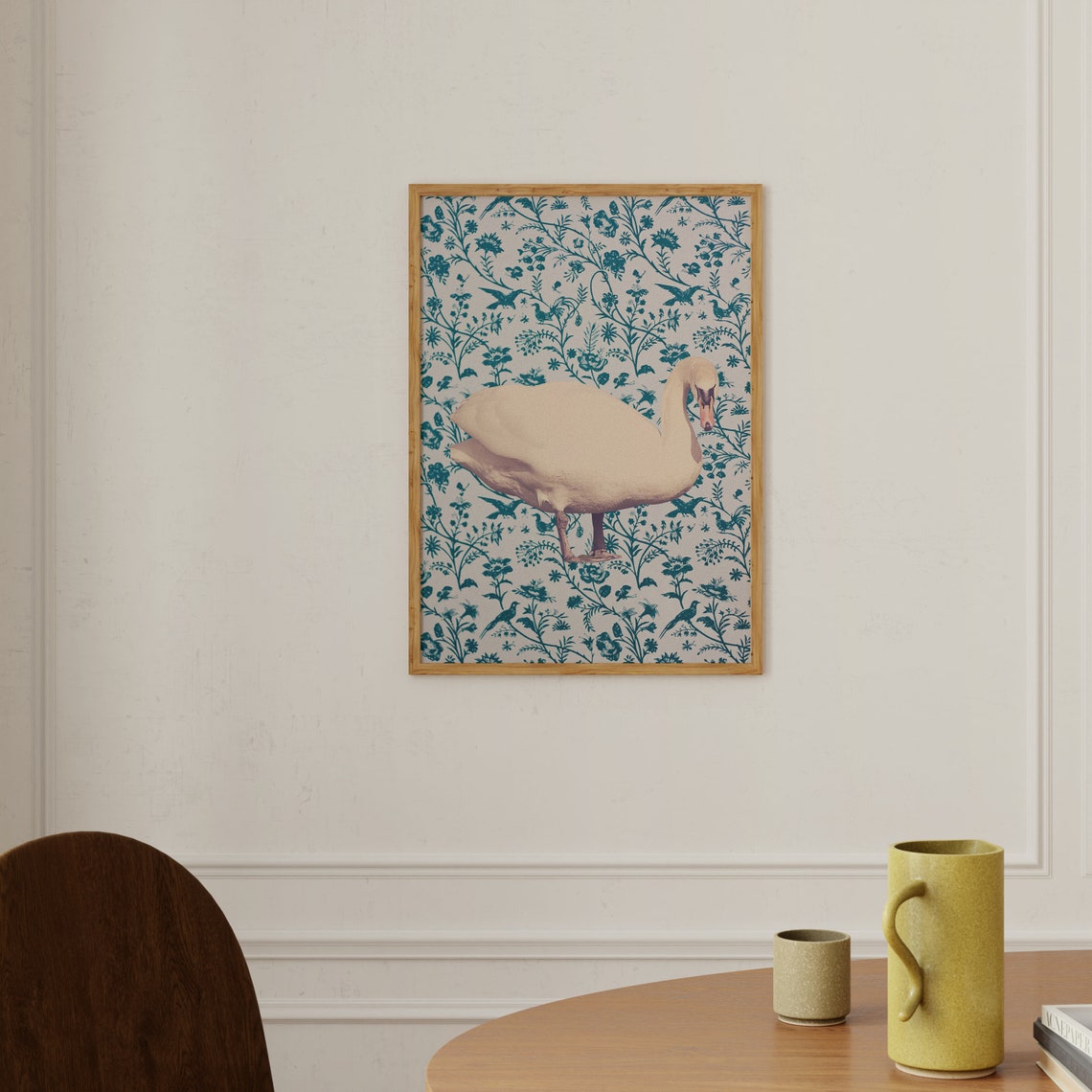 Victorian Swan on Blue Toile Botanical Floral Background Art Print - Image 2
