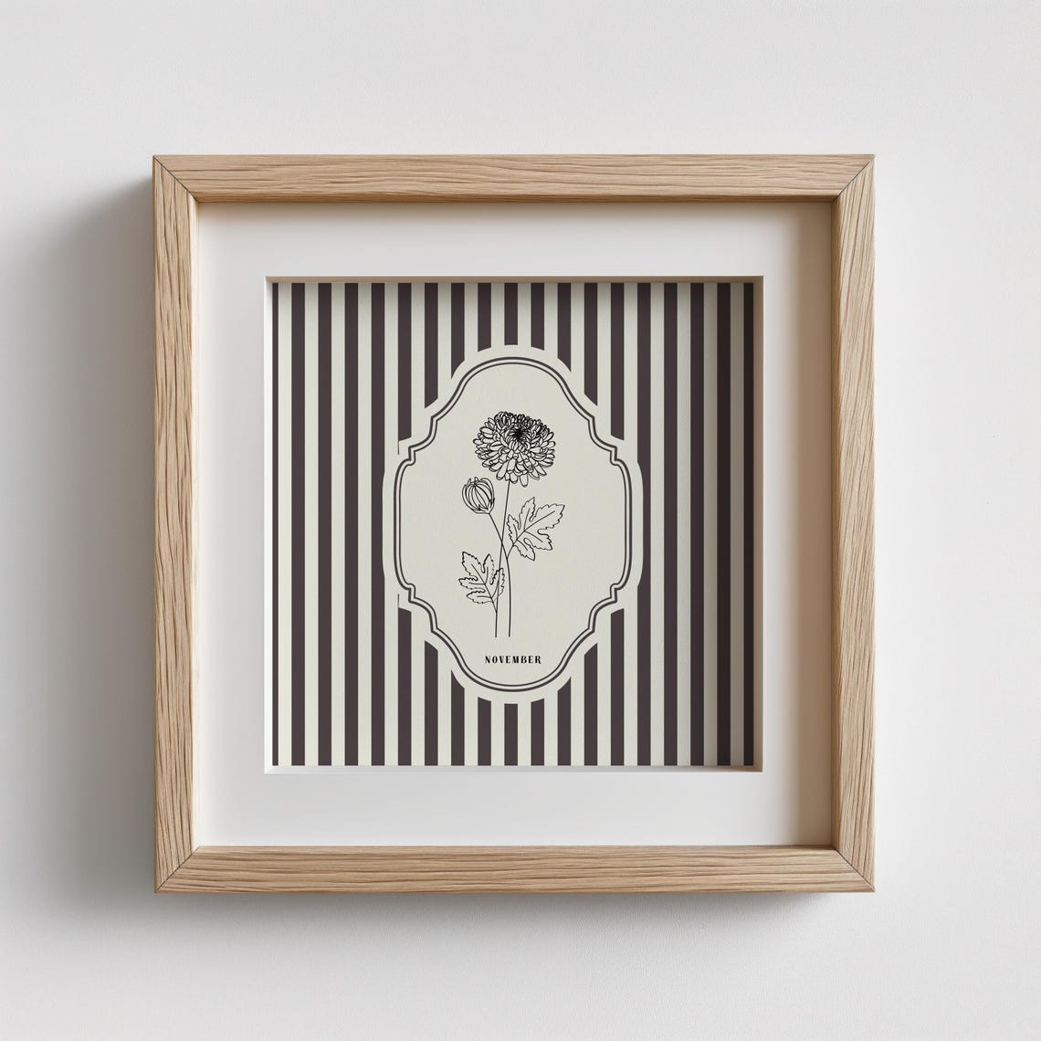 November Birth Month Chrysanthemum Thin Line Art Striped Wall Print - Image 3