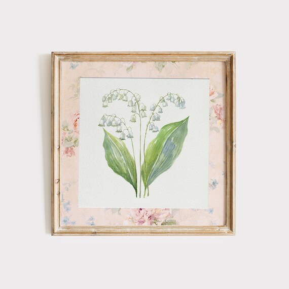 Lily Of The Valley Watercolor On Vintage Rose Wallpaper Poster