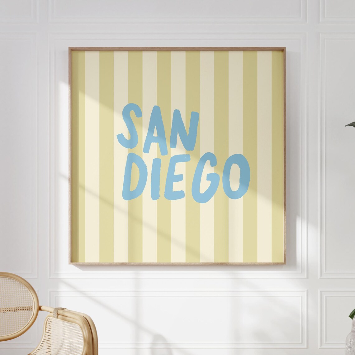 San Diego Blue Hand Lettered Green Striped Square City Name Poster - Image 5