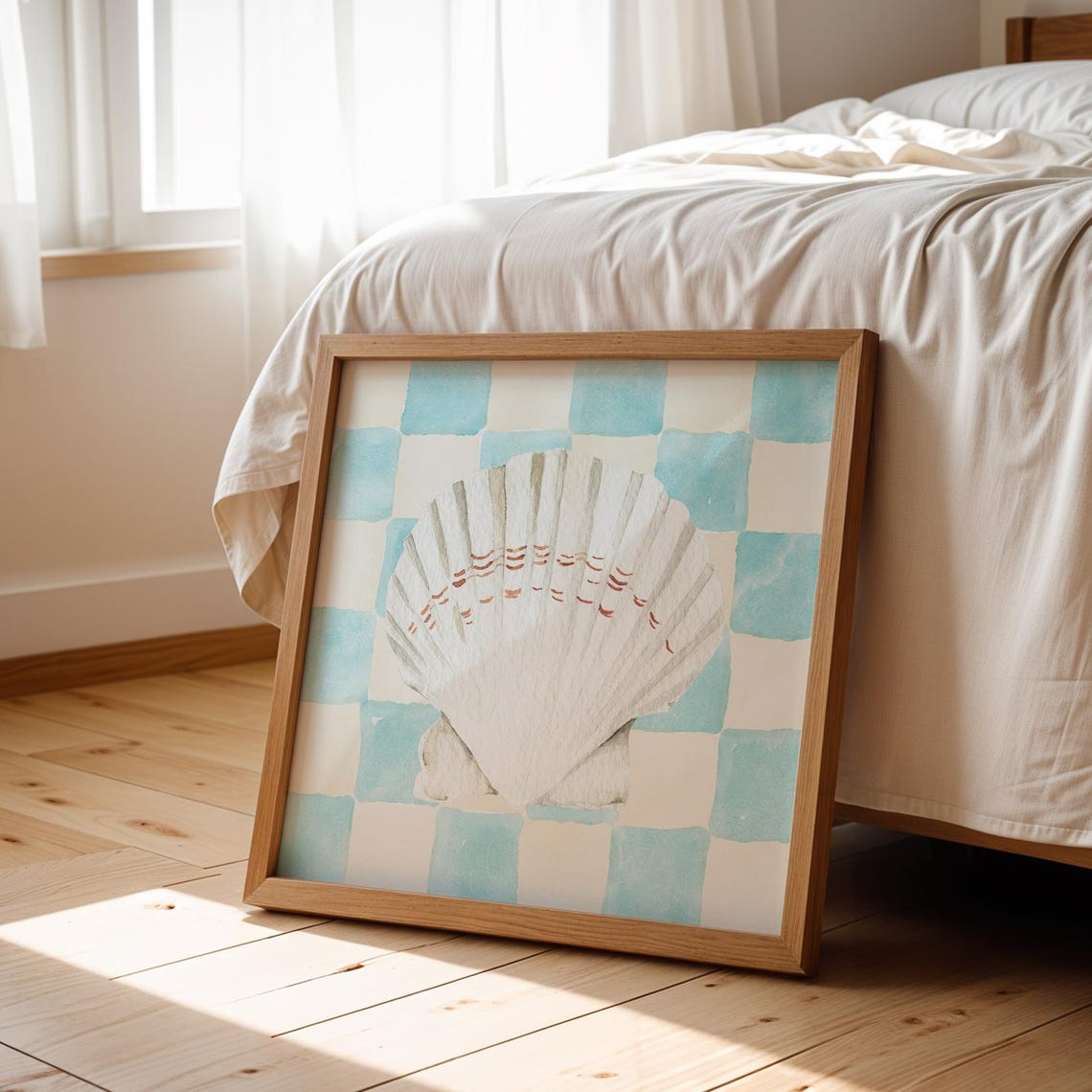 White Scallop Shell Turquoise Checkered Coastal Watercolor Art Poster - Image 2
