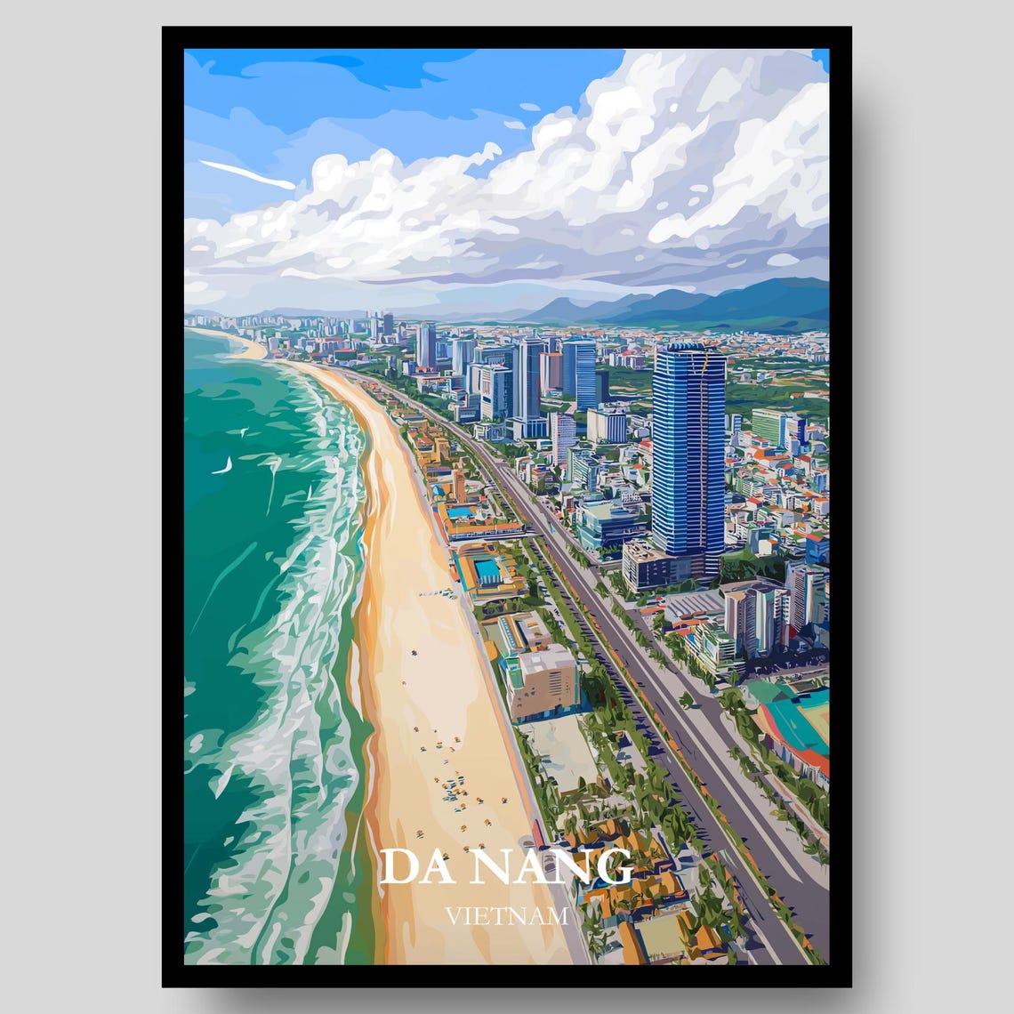 Da Nang Vietnam Coastal Skyline Beach Waves City Travel Poster