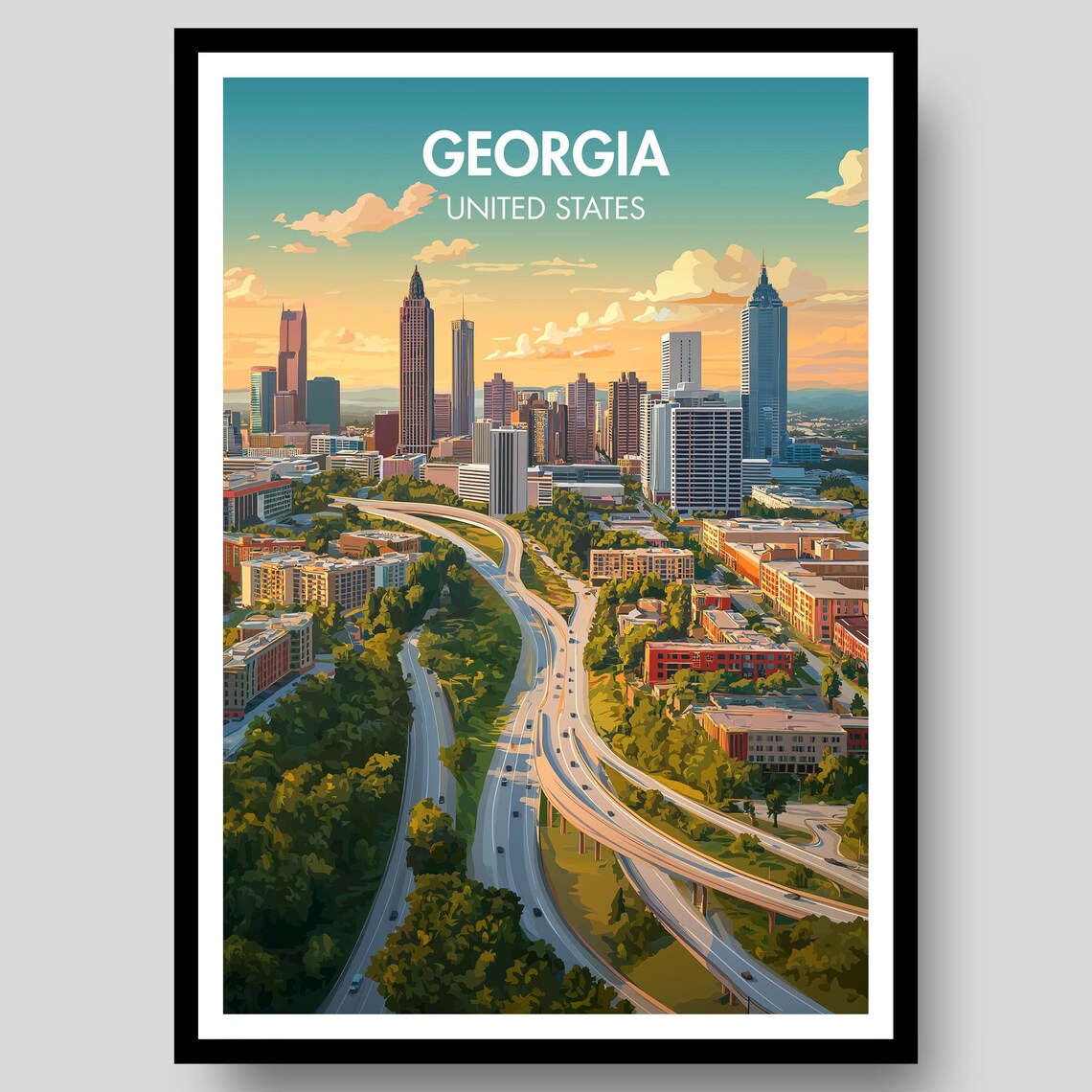 Georgia United States City Skyline Sunset Aerial Highway Poster