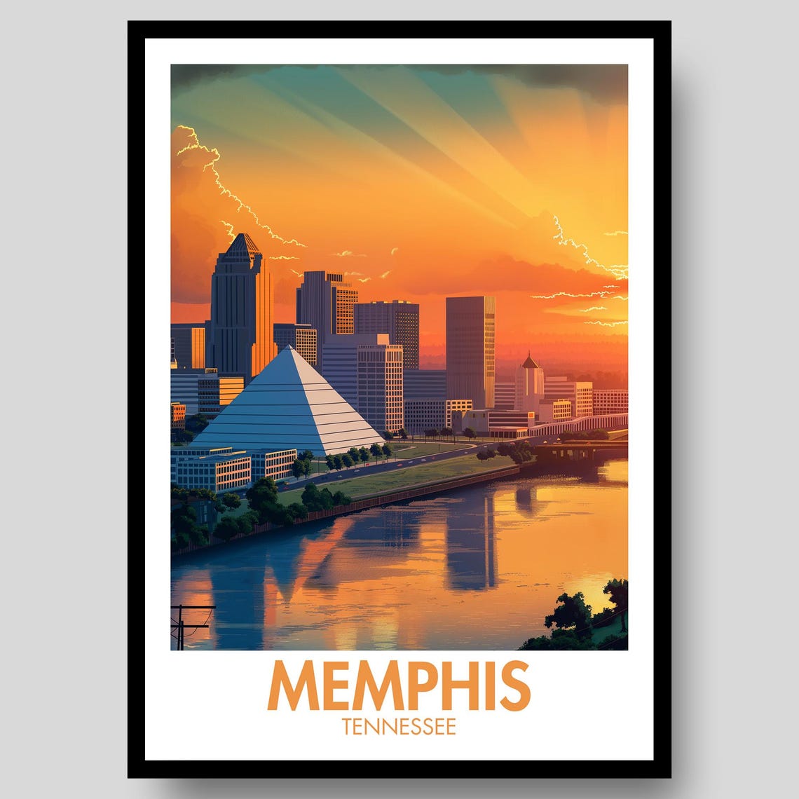 Memphis Tennessee Golden Sunset Skyline Pyramid River Poster