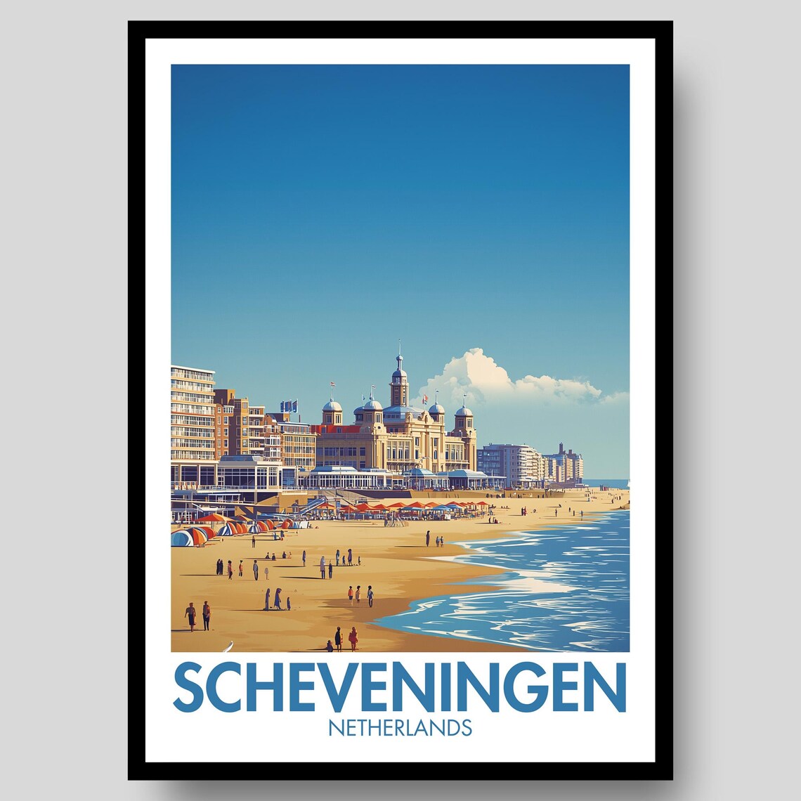 Scheveningen Netherlands Beach Grand Hotel Vintage Travel Poster