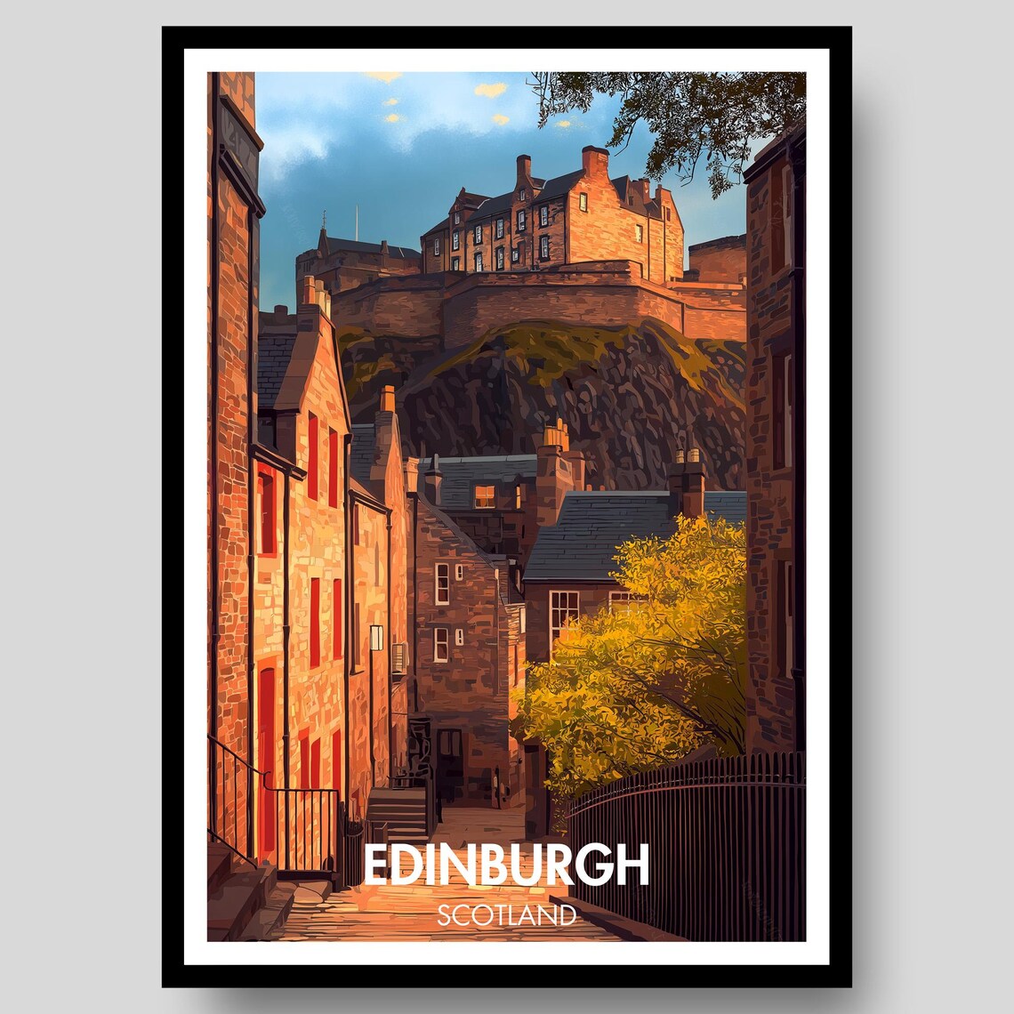 Edinburgh Castle Scotland Historic Old Town Sunset Vintage Travel Poster