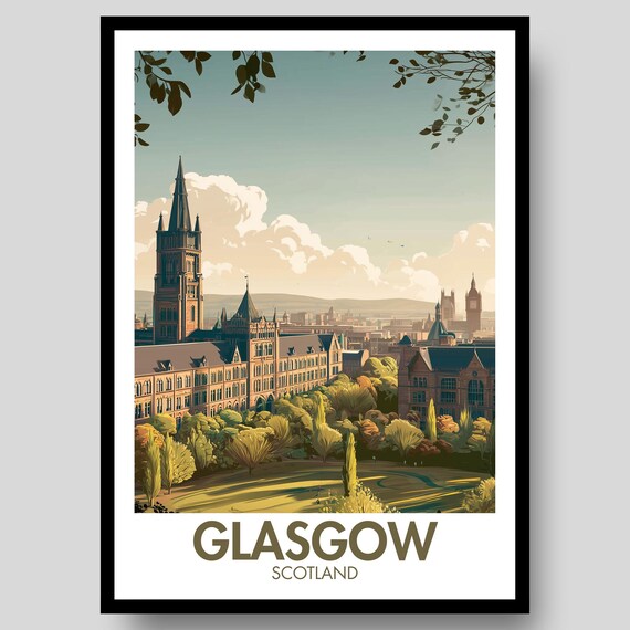 Glasgow Scotland University Gothic Architecture Retro Travel Poster