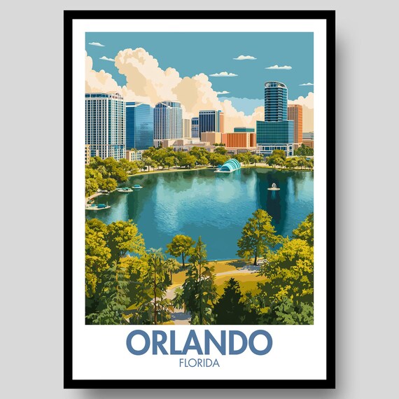 Orlando Florida City Skyline Lake Fountain Vintage Travel Poster