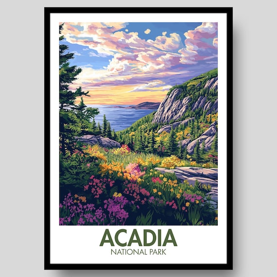 Acadia National Park Sunset Coastal Cliffs Wildflower Meadow Travel Poster