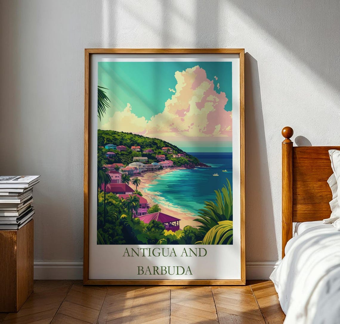 Antigua and Barbuda Beach Cove Colorful Hills Caribbean Travel Poster