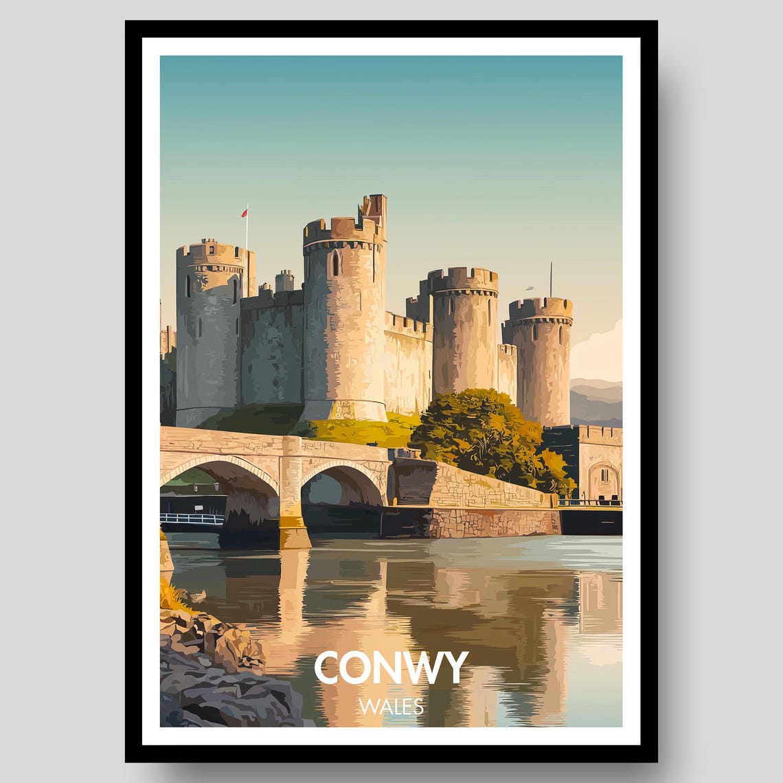 Conwy Wales Castle Estuary Golden Hour Retro Landscape Art Poster