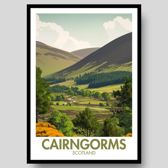 Cairngorms Scotland Mountain Valley Pine Forest Vintage Travel Poster