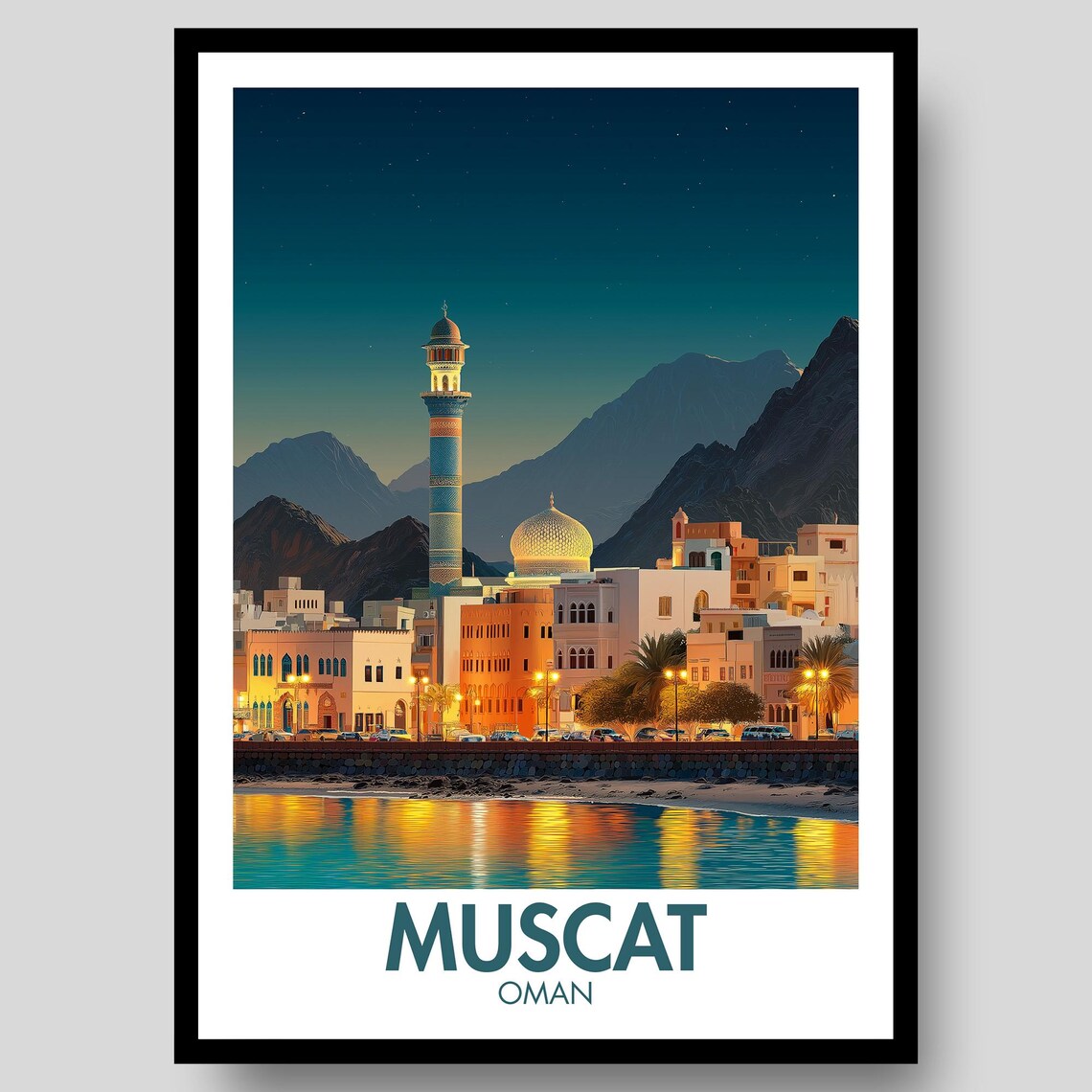 Muscat Oman Night Harbor Mosque Minaret Waterfront Poster Art