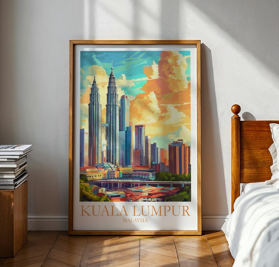 Kuala Lumpur Malaysia Twin Towers Skyline Sunset Vintage Travel Poster