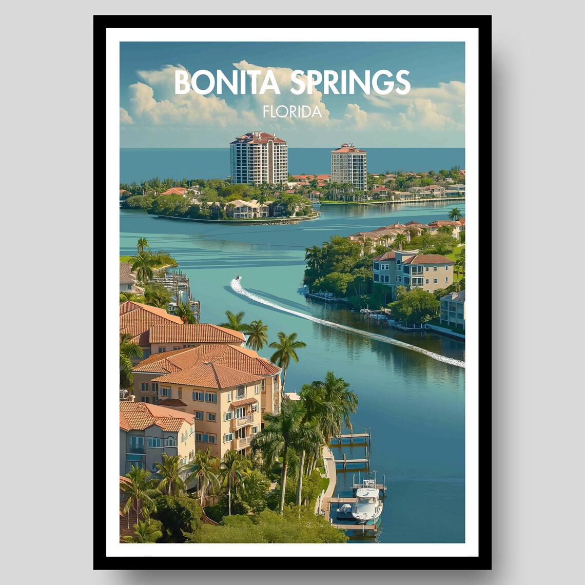 Bonita Springs Florida Aerial Waterway Speedboat View Poster
