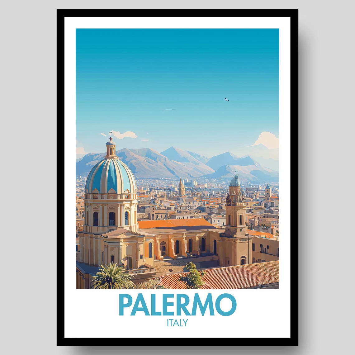 Palermo Italy Cathedral Dome Red Rooftops Sicily Travel Poster Art