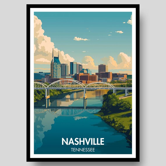 Nashville Tennessee Skyline River Bridge Sunset Travel Poster