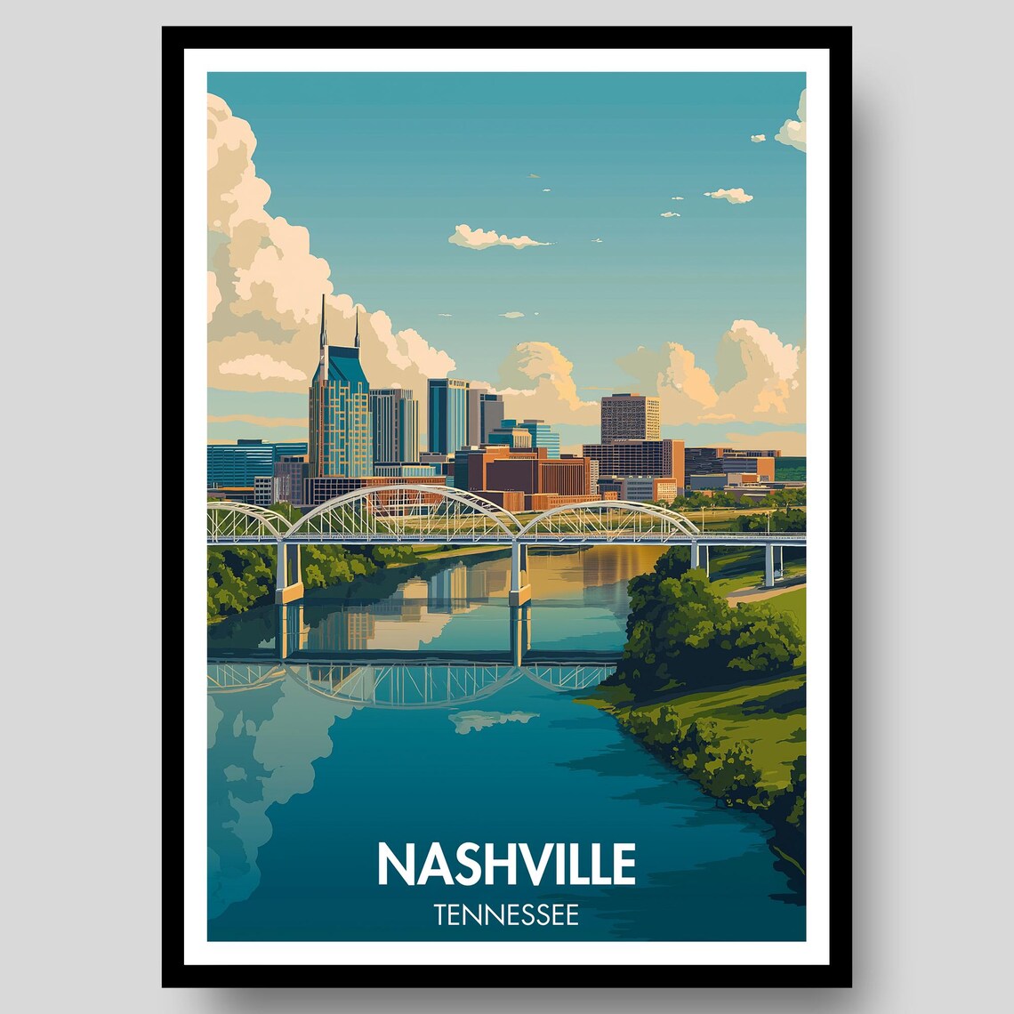 Nashville Tennessee Skyline River Bridge Sunset Travel Poster