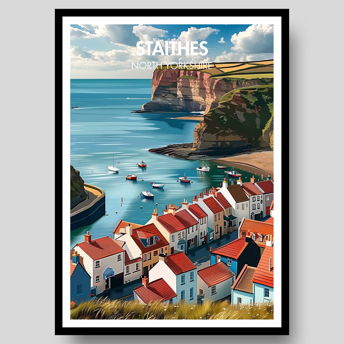 Staithes North Yorkshire Red Roof Harbor Golden Light Travel Poster