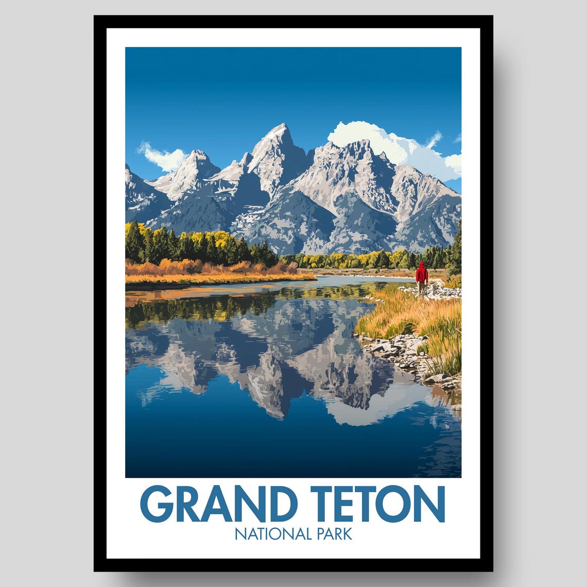 Grand Teton National Park Mountain Reflection Hiker Lake Poster