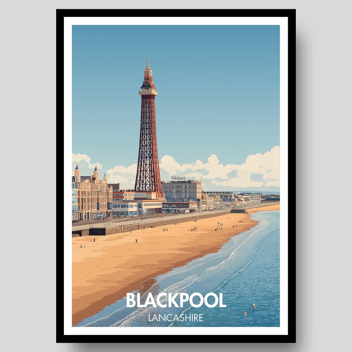 Blackpool Lancashire Tower Golden Beach Retro Seaside Travel Poster