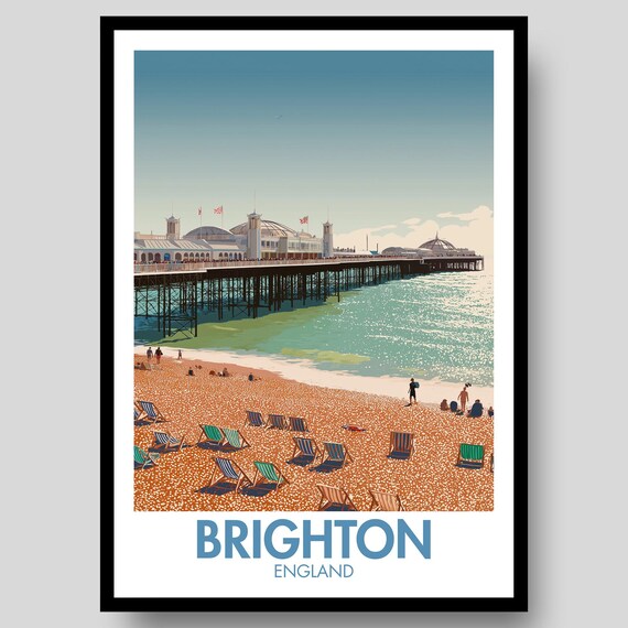 Brighton England Iconic Pier Beach Deck Chairs Vintage Travel Poster