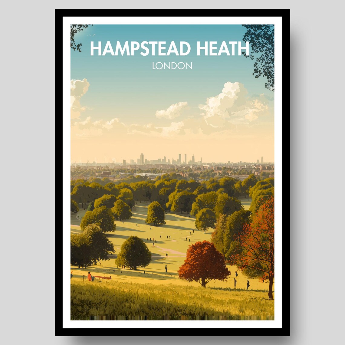 Hampstead Heath London Autumn Park Skyline Vintage Travel Art Poster
