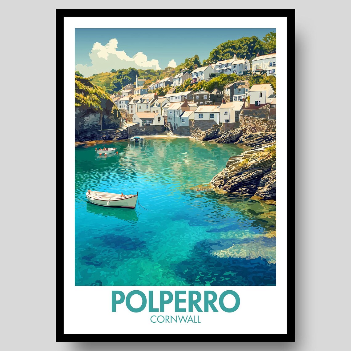 Polperro Cornwall Fishing Village Harbor Travel Poster Turquoise Sea