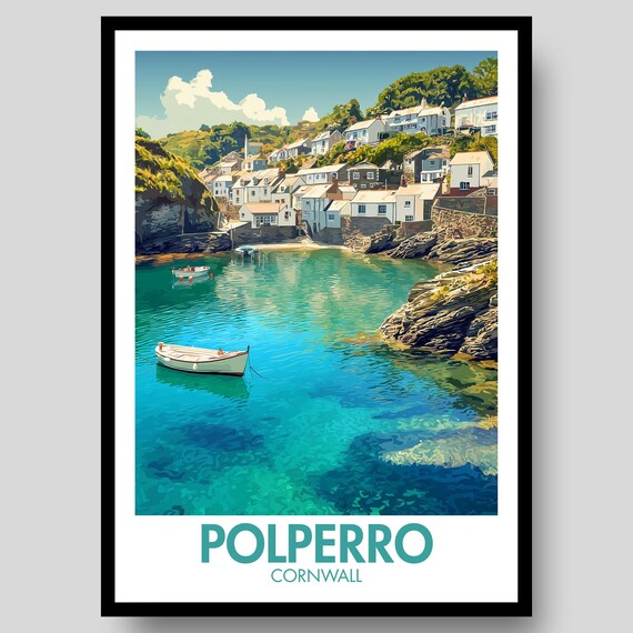 Polperro Cornwall Fishing Village Harbor Travel Poster Turquoise Sea