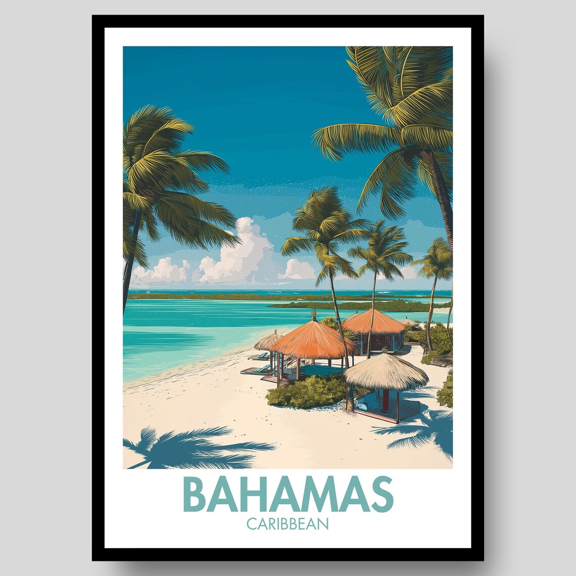 Bahamas Caribbean Island Beach Huts Palms Vintage Travel Poster