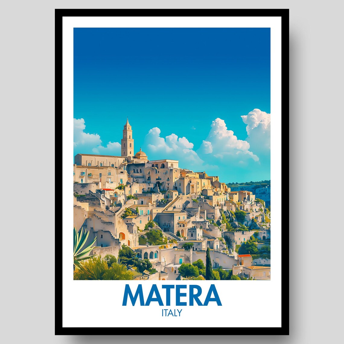 Matera Italy Ancient Stone City Under Bright Blue Sky Travel Poster