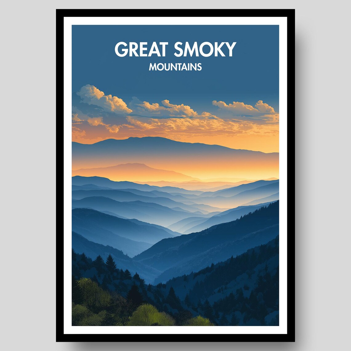 Great Smoky Mountains Misty Ridges Golden Sunset Travel Poster