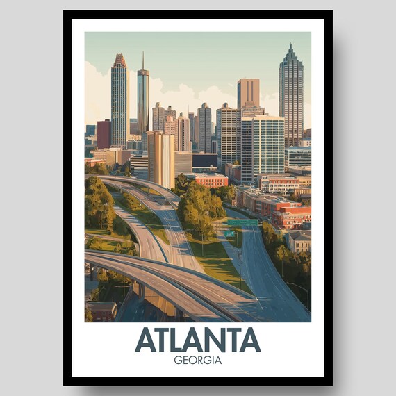 Atlanta Georgia City Skyline Aerial Freeway Vintage Travel Poster