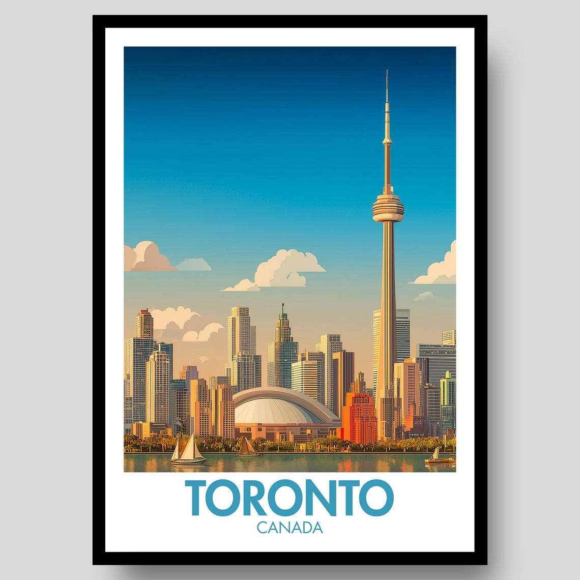 Toronto Canada CN Tower Skyline Sailboats Vintage Travel Poster