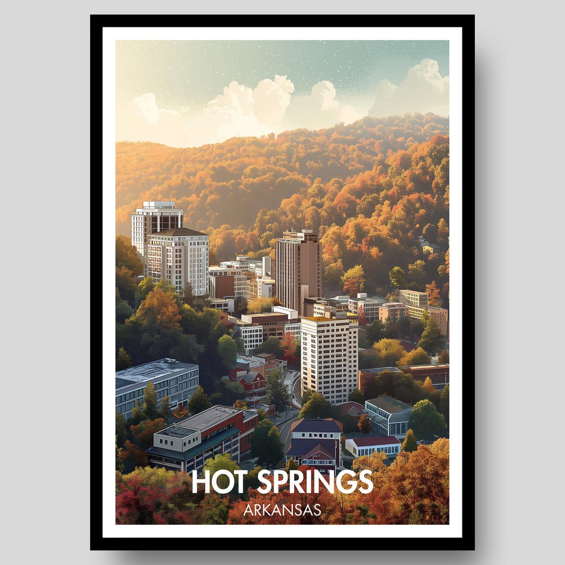 Hot Springs Arkansas Fall City Downtown Autumn Illustration Poster