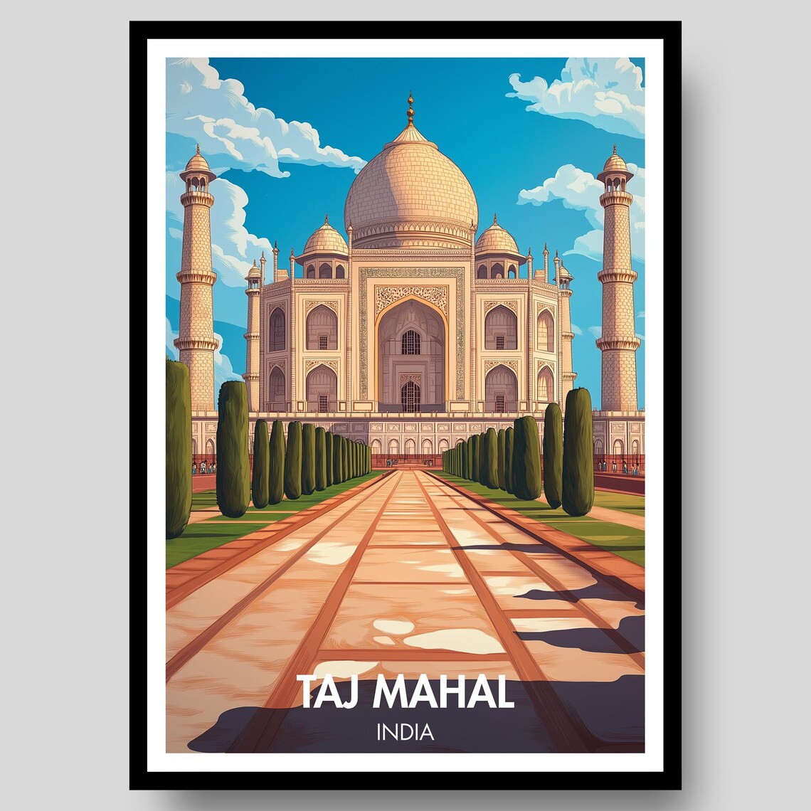 Taj Mahal India White Marble Dome Symmetry Garden Travel Poster