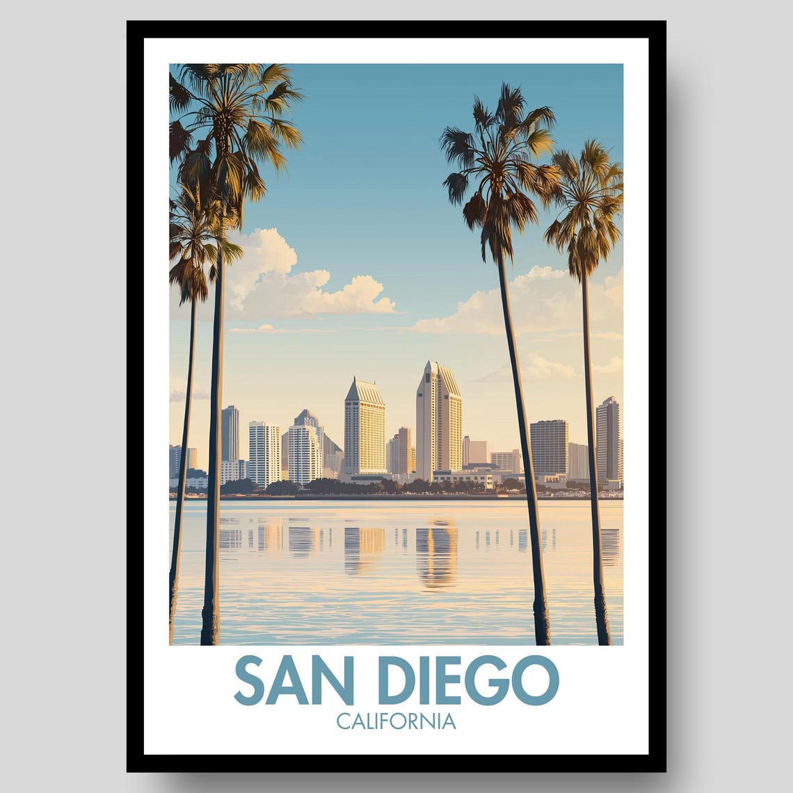 San Diego California Palm Skyline Bay Reflection Travel Poster