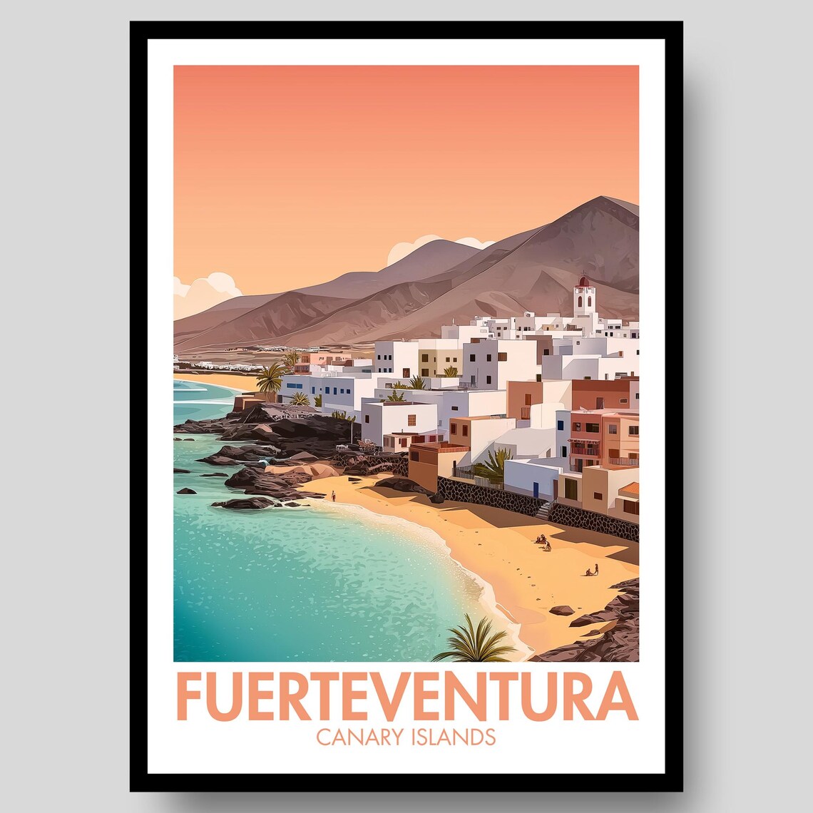 Fuerteventura Canary Islands Dusk White Town Mountain Poster