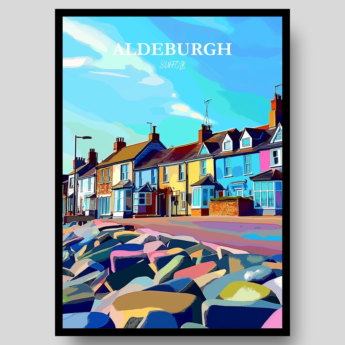 Aldeburgh Suffolk Colorful Seafront Houses Shingle Beach Travel Poster
